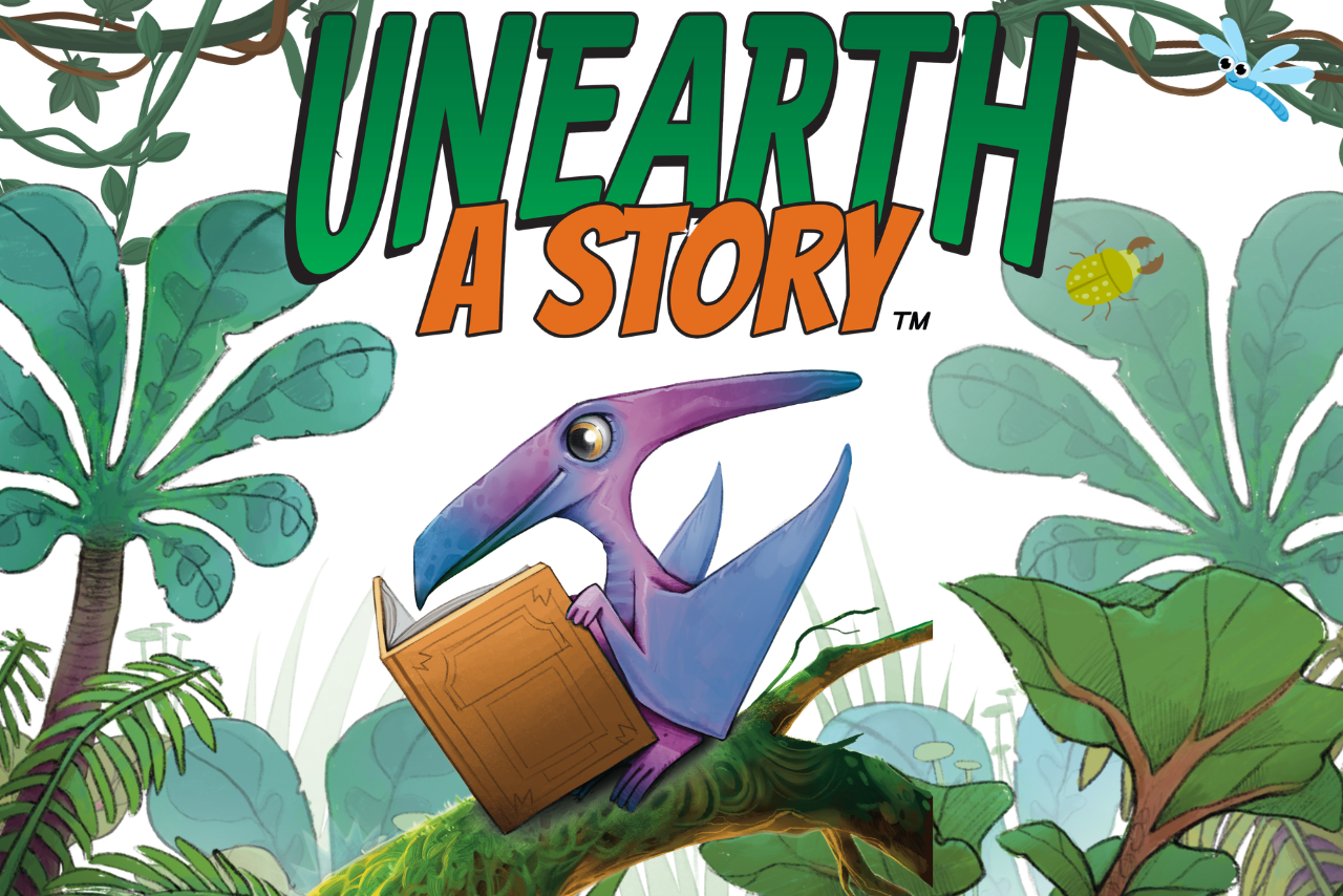 dinosaur reading a book and says "unearth a story"